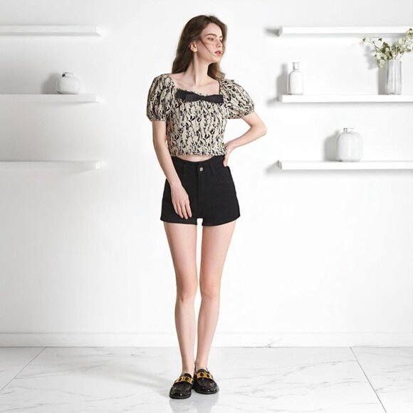 NWT J.ING Jing Beige Leaf Print Puff Sleeve Bow Detail Blouse Crop Top - Picture 11 of 11